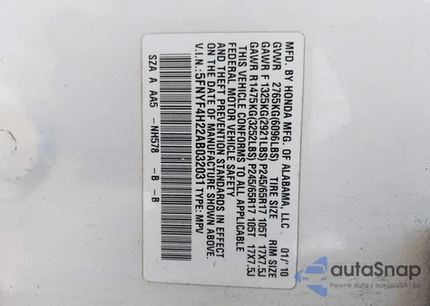 2010 Honda Pilot Lx from USA, damaged, VIN 5FNYF4H22AB032031